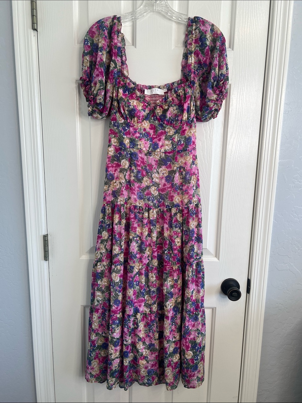ASTR floral corset style midi tier dress pink and blue size small